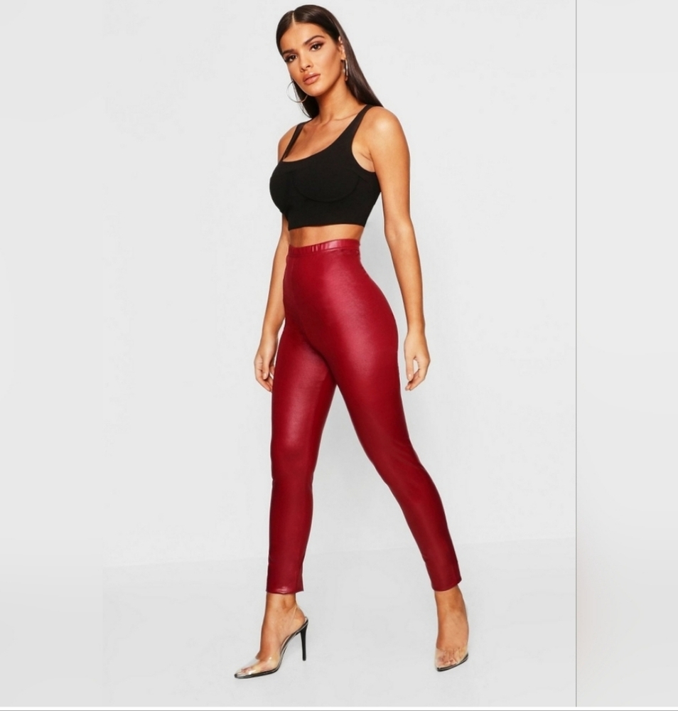 Boohoo Red Leggings High-Waisted Faux Leather Leggings Large